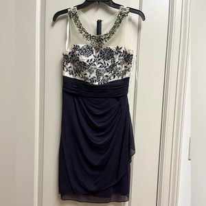 Decode 1.8 Bejeweled Collar Navy Floral Embroidered Dress